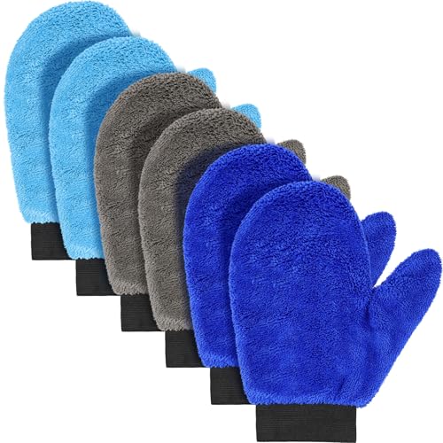 6 Pcs Car Wash Mitts Microfiber, Blue, Grey, 9.84 x 7.87 Inch