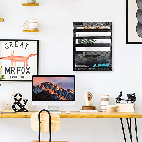 Desk File Organizer Mesh 6-Tier, Hanging Wall Mount Document Organization Stand, Desktop Vertical Mail Paper Folder Holder Rack with Bottom Tray for Office Home Cubicle Countertop, Black - view 4