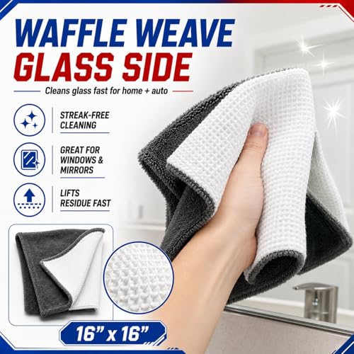 Hybrid Glass Microfiber Towel – Waffle Weave & Plush Dual Action Cleaning Cloth – Streak-Free Window and Surface Drying Towel – Professional Grade -16x16-1000 GSM 2-Pack - view 5