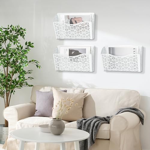 3 Pack Hollow Design Wall-Mounted File Organizer - Heavy Duty Metal, Vertical Space Saving, Letter Size Single Pocket Holder for Office, Home, School, White - view 6