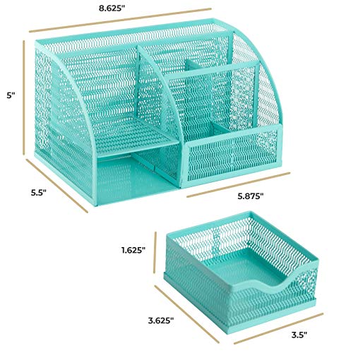 Aqua Desk Organizer | Metal Turquoise Stationery Holder With Drawer and Compartments | Desktop Storage for School, Bedroom, Locker and Home | 5.5”D x 8.6”W x 5”H Accessory Caddy - view 6