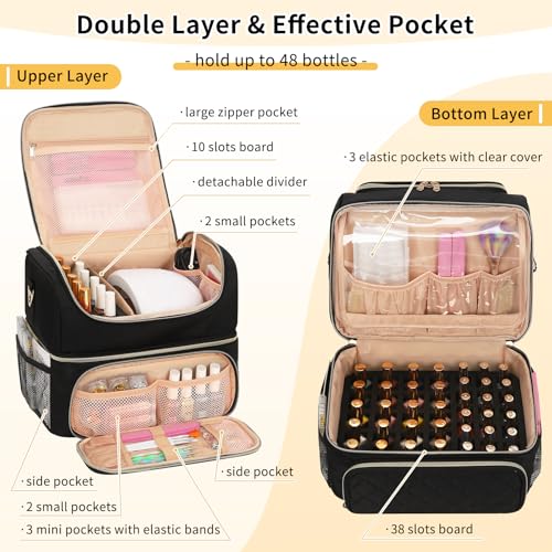 Nail Polish Organizer & Storage Bag for 48 Bottles & Full-Size Lamp, Double-Layer Travel Case Box for Nail Supplies, Manicure Kit & Pedicure Tools (Black, 48 Slots) - view 2