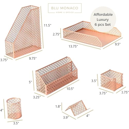 Rose Gold Desk Organizer Set | 6 Piece Metal Office Desk Organizer with Mail Sorter, Pen Cup, Sticky Note Holder, Magazine File, Card Holder, Paper Tray | Desk Organizers and Accessories - view 5