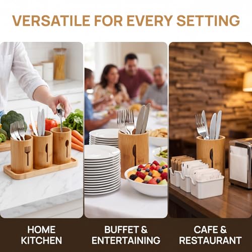Silverware Holder, Bamboo Utensil Organizer with Tray, Kitchen Cutlery Flatware Holder Organizer for Spoons, Knives and Forks, Ideal for Kitchen and Restaurant - view 3