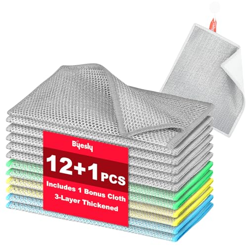 Non Scratch Wire Dishcloth, Metallic Fiber Cleaning Cloths - 12+1 Pcs Mixed Set 3-Layer & Microfiber Wire, for Dishes, Sinks & Pans (7.87x7.87 Inches)
