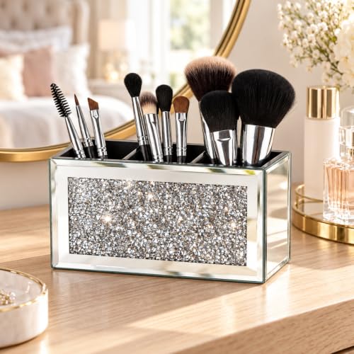 Mirrored Makeup Brush Holder Organizer with Crushed Diamond, 3 Slots - view 3