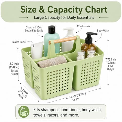 Portable Shower Caddy Basket with 3 Compartments and Handle, Grass Green - view 2