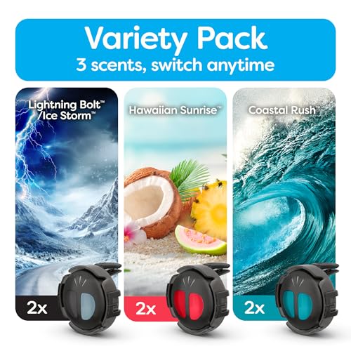 Mini Diffuser Car Air Fresheners Variety Pack, Lightning Bolt/Ice Storm, Hawaiian Sunrise, and Coastal Rush Scents, 6 Pack - view 2
