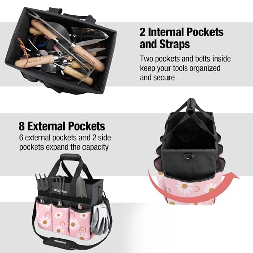 Garden Tool Bag, 10 Pockets and Shoulder Strap, Floral Pink - view 4