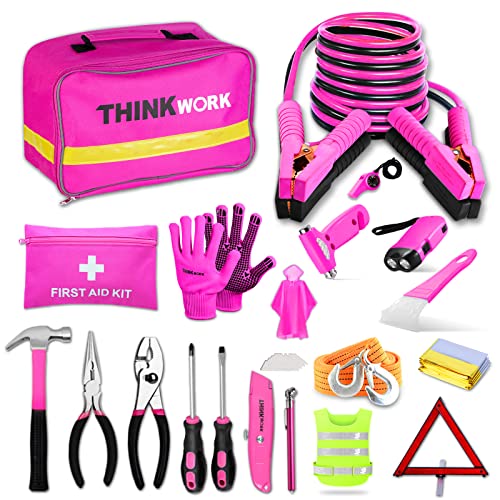 Pink Car Emergency Kit with Pink Car Tool Set, First Aid Kit