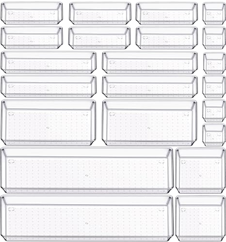22 Pcs Drawer Organizer Bins, Acrylic Non Slip Kitchen Drawer Organizers Storage Tray Divider, Multifunctional Storage for Cosmetics, Bathroom, Tools, Kitchen and Office