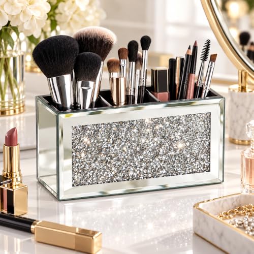 Mirrored Makeup Brush Holder Organizer with Crushed Diamond, 3 Slots - view 2