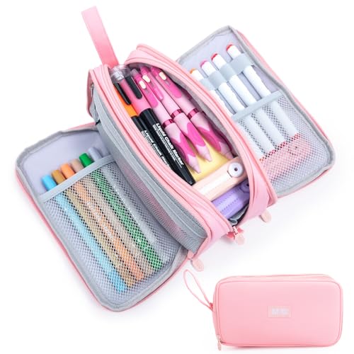 Large Pencil Case 3 Compartment Pouch Pen Bag Pink