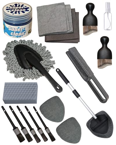18Pcs Professional Car Interior Detailing Kit All-in-One Cleaning Tools for Windows, Dashboard, Vents, Windshield Cleaner Brush, Magic Sponge, Chamois Cloth, Detailing Brushes & Accessories