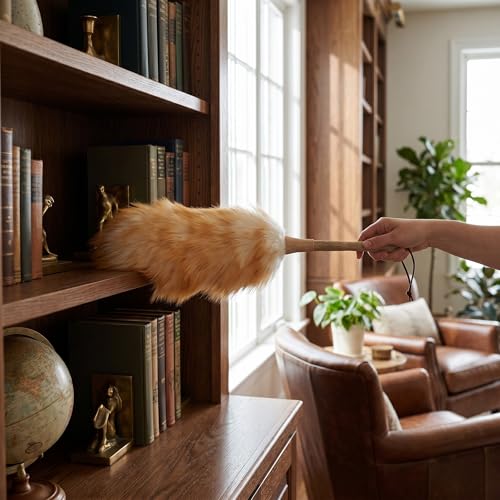 Lambswool Duster with Wooden Handle – Multipurpose Dusting Wand for Ceiling Fans, Blinds, Electronics & Hard-to-Reach Areas, Static-Free Cleaning Tool with Comfortable Grip - view 2