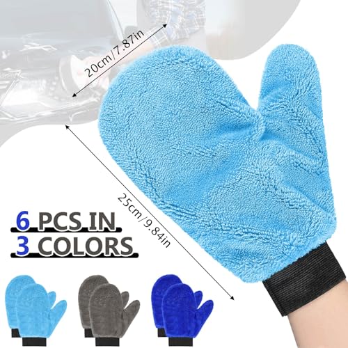 6 Pcs Car Wash Mitts Microfiber, Blue, Grey, 9.84 x 7.87 Inch - view 2