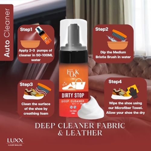 LUXX deep Cleaner kit shoes care with Brush and Cleaning Towel - Powerful Stain Remover + Deodorizer for Sneakers, Luxury Handbags, Furniture, Shoes, Gentle on Leather, PU, Canvas, Fabric, White Foam - view 5