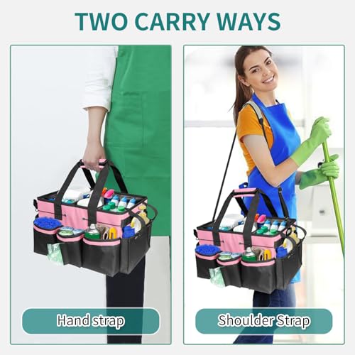 Cleaning Bags for Housekeepers, Large Cleaning Supplies Organizer with Handles & Shoulder Strap, Cleaning Caddy Bag with Foldable Divider for Cleaners, Car Horse Cleaning Bag(Pink) - view 5