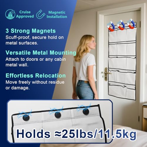Magnetic Cruise Door Organizer – 13-Pocket Hanging Storage with 2 Large Shoe Pockets, No Hook Needed, Includes 3 Bonus Hooks, 2025 2026 Cruise Ship Essentials for Cabin, Bathroom, or Closet Use - view 2
