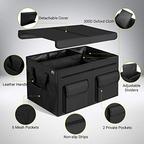 Car Trunk Organizer with Lid, Collapsible Car Storage Organizer with Reinforced Leather Handles, Non-Slip Bottom, Trunk Organizer for SUV, Van, Jeep (Black with Strap, Extra Large) - view 2