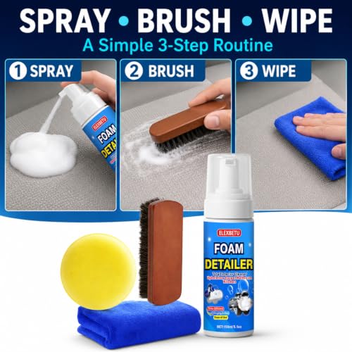 Car Interior Cleaner, Foam Cleaner for Car Seats Upholstery Carpet Leather Fabric Vinyl, No-Rinse Deep Stain Remover with Horsehair Brush & Microfiber Towel, Waterless Auto Detailing Kit, 5 oz / 150ml - view 4
