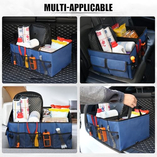 Auto Collapsible Trunk Organizer, 3 Large Compartments and 6 Pockets Durable for Cargo Storage, Easy to Storage Tools With Adjustable Securing Straps and Non-Slip Bottom for Car (Dark Blue) - view 6