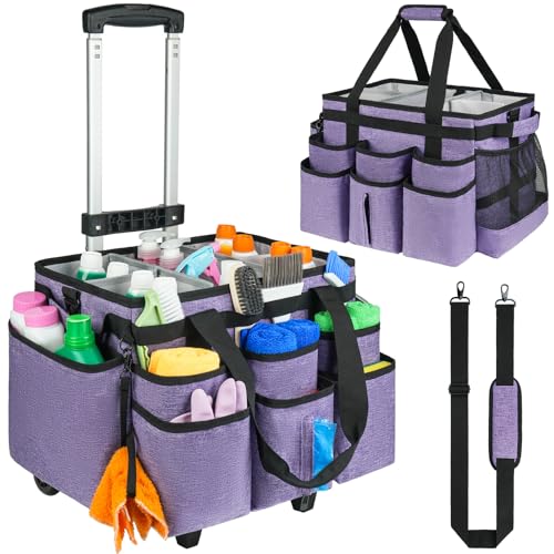 Large Rolling Cleaning Caddy Bag with Detachable Trolley,Cleaning Cart on Wheels with Shoulder Strap,Cleaning Supplies Organizer for Housekeepers,Purple