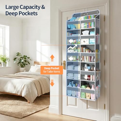 Over The Door Organizer, 5 Tier Extra Large Behind Door Storage of 10 Compartments, 80lbs Heavy Duty Door Organizer Hanging with Clear Window for Closet Bedroom Pantry Bathroom, Grey - view 3
