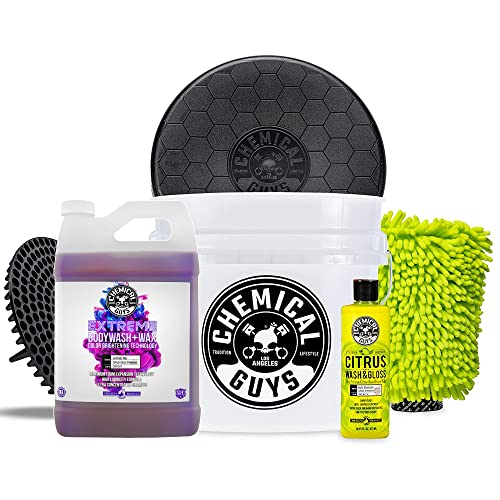 CWS207BK Car Wash Detailing Bucket, Mitt & Accessories Bundle (6 Items) Featuring Extreme Bodywash & Wax Foaming Car Wash Soap, 128 oz (1 Gal) - Works on Cars, Trucks, SUVs, RVs & More