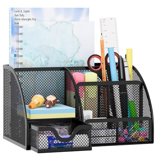 Mesh Desk Organizer with Drawer Multi-functional Pen Holder Stationery Organizer for Office School Supplies 6 Compartments Dorm Organizers and Storage for Desk, Black
