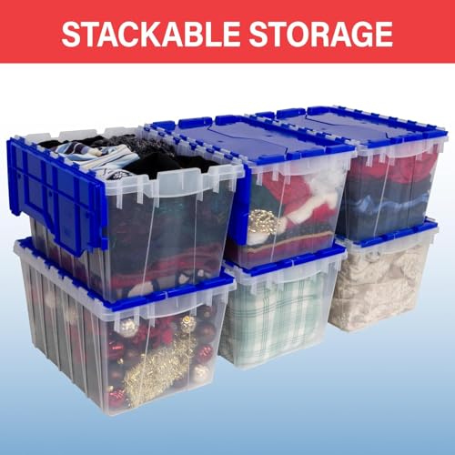 KeepBox 12 Gal Storage Box, Lid Attached, Stackable, Clear/Blue - view 5