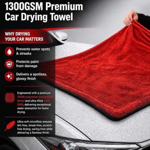 Microfiber Car Drying Towel & Interior Cleaning Cloth Set (2-Piece), 1300 GSM 24” x 36” Twisted Loop + 550 GSM 16” x 16” Coral Fleece, Streak-Free, Scratch-Free, Auto Detailing for Cars, Trucks & SUV - view 4