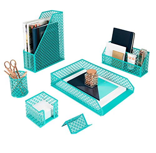 Dark Teal Desk Organizer Set 6 Piece | Mail Sorter Organizer Countertop with Standing File Organizer | Mesh Pen Holders Desktop Office Set