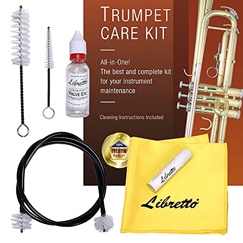 Trumpet (Cornet) All-Inclusive Care Kit w/Instructions: Valve Oil+Slide Grease+Cleaning Cloth+Mouthpiece/Valve/Bore Brushes, Giftable Handy Case, Time to Clean & Extend Life of Your Trumpet!