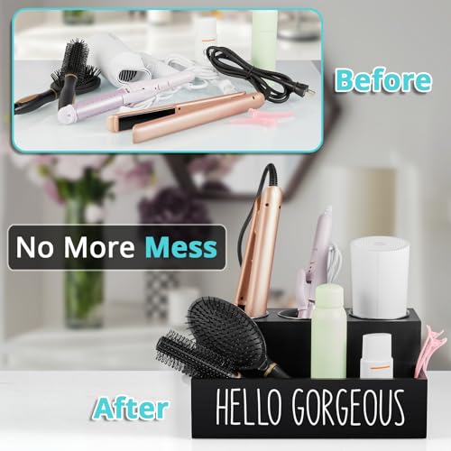 Hair Tool Organizer, Wooden Hair Dryer Holder Countertop, Wall Mount Hot Tools Organizer for Hair Styling Accessories, Bathroom Supplies Vanity Caddy for Curling Wand, Blow Dryer, Black - view 4