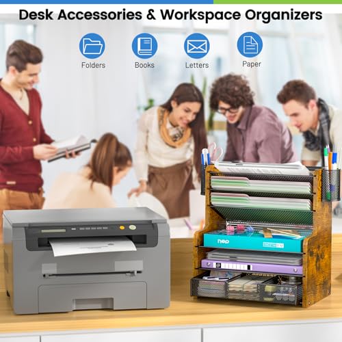 6-Tier Mesh Desk Organizer with Drawer, Wooden Office Organizer for Papers, Folders & Office Supplies - Sturdy Desktop File Holder with 2 Pen Holders - Space Saving Home Office Accessories - view 6