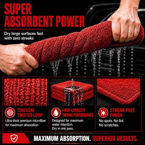 Microfiber Car Drying Towel & Interior Cleaning Cloth Set (2-Piece), 1300 GSM 24” x 36” Twisted Loop + 550 GSM 16” x 16” Coral Fleece, Streak-Free, Scratch-Free, Auto Detailing for Cars, Trucks & SUV - view 3