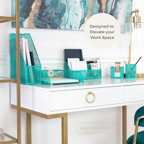 Dark Teal Desk Organizer Set 6 Piece | Mail Sorter Organizer Countertop with Standing File Organizer | Mesh Pen Holders Desktop Office Set - view 2