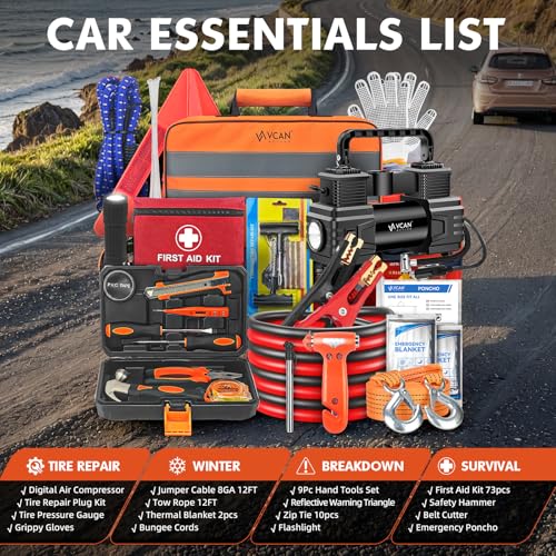 Car Emergency Kit with Portable Air Compressor, First Aid Kit, Jumper Cables, Roadside Safety Emergency Tool Kit for Women, Men, Teen - view 6