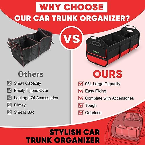 Large Trunk Organizer for Car, Foldable Multi Compartment Car Trunk Organizer with 2 Retractable Straps, Suitable for All Kinds of Cars, SUV, Minivan - 4 Compartments Red - view 5