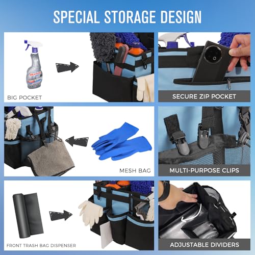 Wearable Cleaning Caddy, Cleaning Caddy Supplies Organizer with Handle & Shoulder Straps for Housekeepers, Under Sink & Car Cleaning Tool Organizers Bag with 4 Foldable Divider (Blue) - view 2