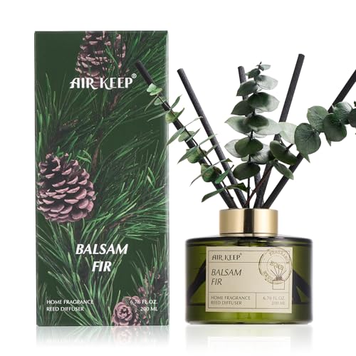 Reed Diffuser Set with 6.76 fl oz Balsam Fir Scent Essential Oils and 3 Leaves & 8 Diffuser Sticks,Bathroom Shelf Decor & Air Freshener, House Bedroom Office Decor & Gifts