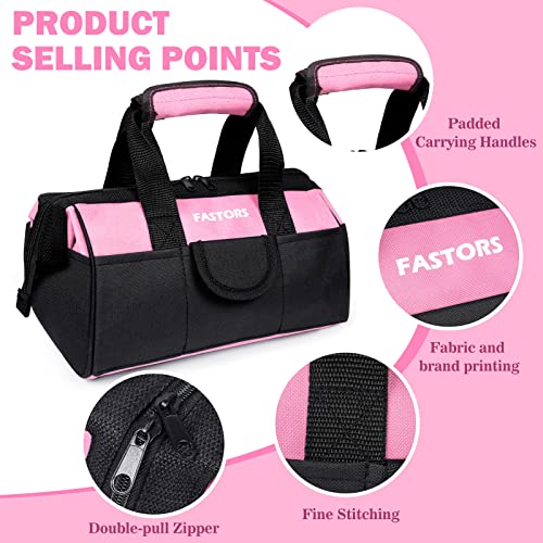 Pink Tool Bag for Women With 13-Inch Wide Mouth Double Zippers,Tool Bag With 8 Pockets Outside and 2 Pockets Inside(PINK) - view 3