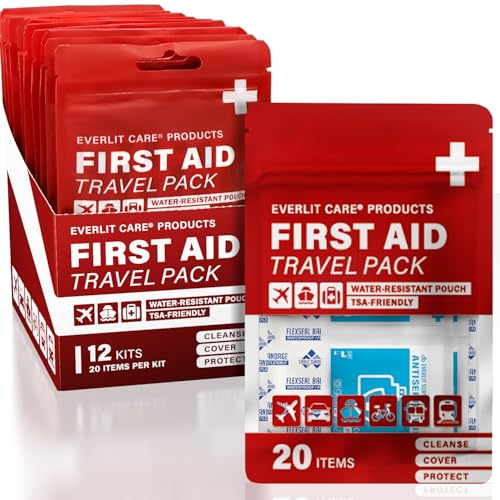 Travel Bandage Pack | 12 Individual Packets, Bulk Portable Mini First Aid Kit with 20 On-the-Go Essentials | Compact Water-Resistant Reusable Pouch to Clean, Cover & Protect