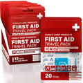 Travel Bandage Pack | 12 Individual Packets, Bulk Portable Mini First Aid Kit with 20 On-the-Go Essentials | Compact Water-Resistant Reusable Pouch to Clean, Cover & Protect
