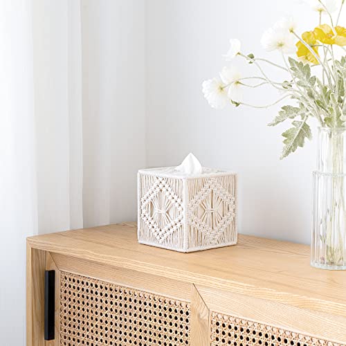 Tissue Box Cover Square, Boho Macrame Decor Open-Bottom Holder, Ivory - view 2