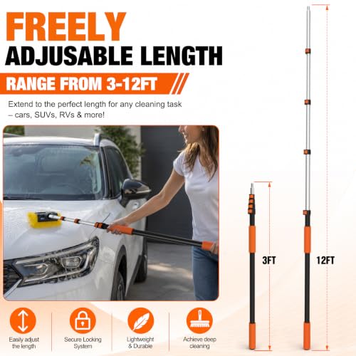 12FT Car Wash Brush with Long Handle, Car Cleaning Brush with 12 Inch Soft Bristle, Solar Panels Cleaner with Telescoping Pole for RV, Truck, Boat, House Siding - view 5