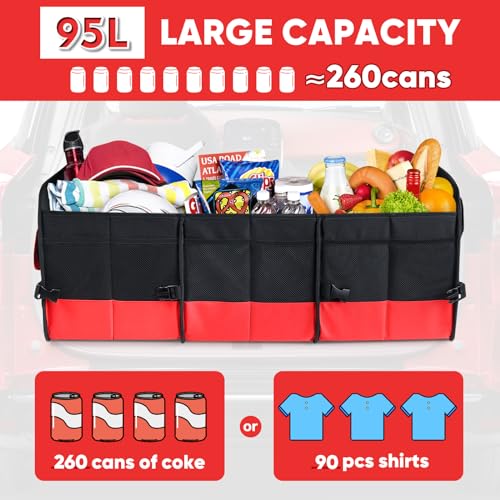 Large Trunk Organizer for Car, Foldable Multi Compartment Car Trunk Organizer with 2 Retractable Straps, Suitable for All Kinds of Cars, SUV, Minivan - 4 Compartments Red - view 4