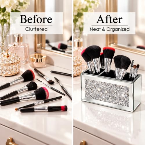 Mirrored Makeup Brush Holder Organizer with Crushed Diamond, 3 Slots - view 4