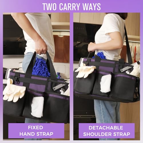 Wearable Cleaning Caddy, Cleaning Caddy Supplies Organizer with Handle & Shoulder Straps for Housekeepers, Under Sink & Car Cleaning Tool Organizers Bag with 4 Foldable Divider (Purple) - view 6